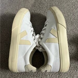 Veja White and Tan Canvas Sneakers